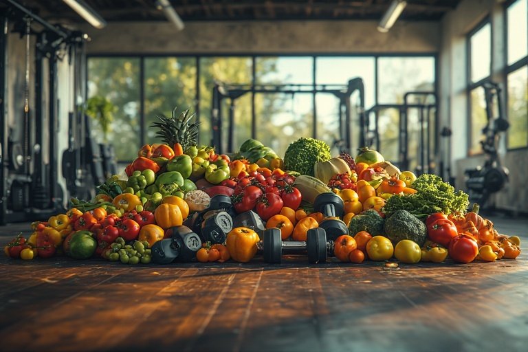 fruits, vegetables, and dumbells
